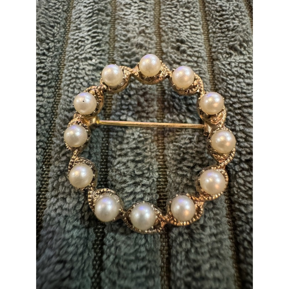 Vintage Gold Tone Pearl Circle Brooch Pin Women's Jewelry‎ Accessory
